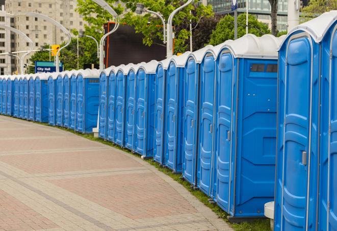 Seasonal porta potty units set up at a San Jose, California venue